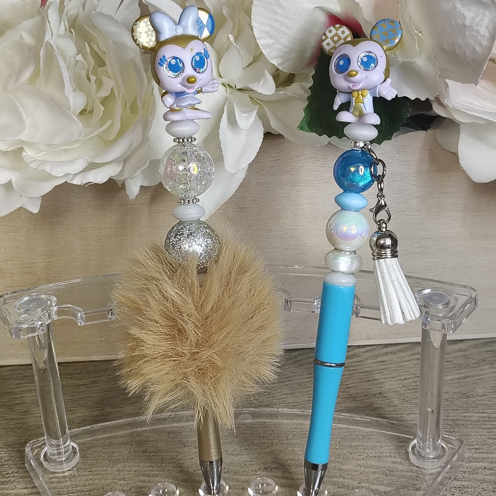 Charming Character Pens with Fluffy Accents - Blue and Tan